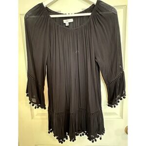 Fever - Medium-‎ Black Pom Pom Trim Boho Peasant Top